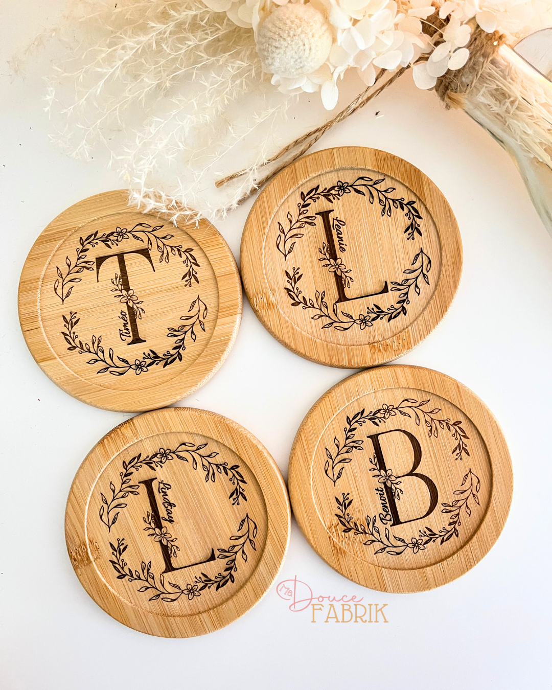 Set de 6 dessous de verre bois personnalisés avec gravure prénom et initiale