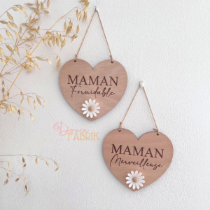 Cœur en bois gravé "Maman" avec fleur 3D