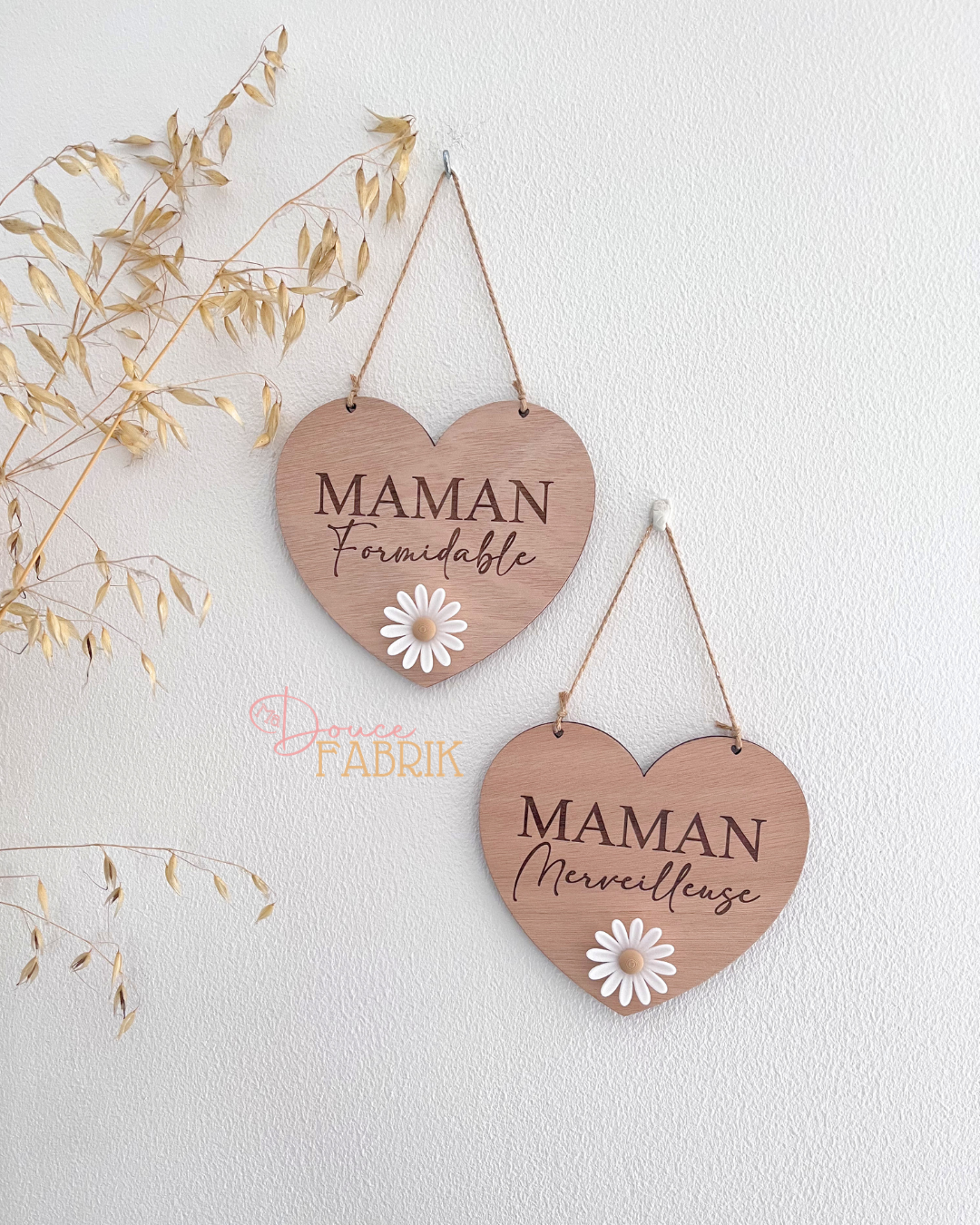 Cœur en bois gravé "Maman" avec fleur 3D