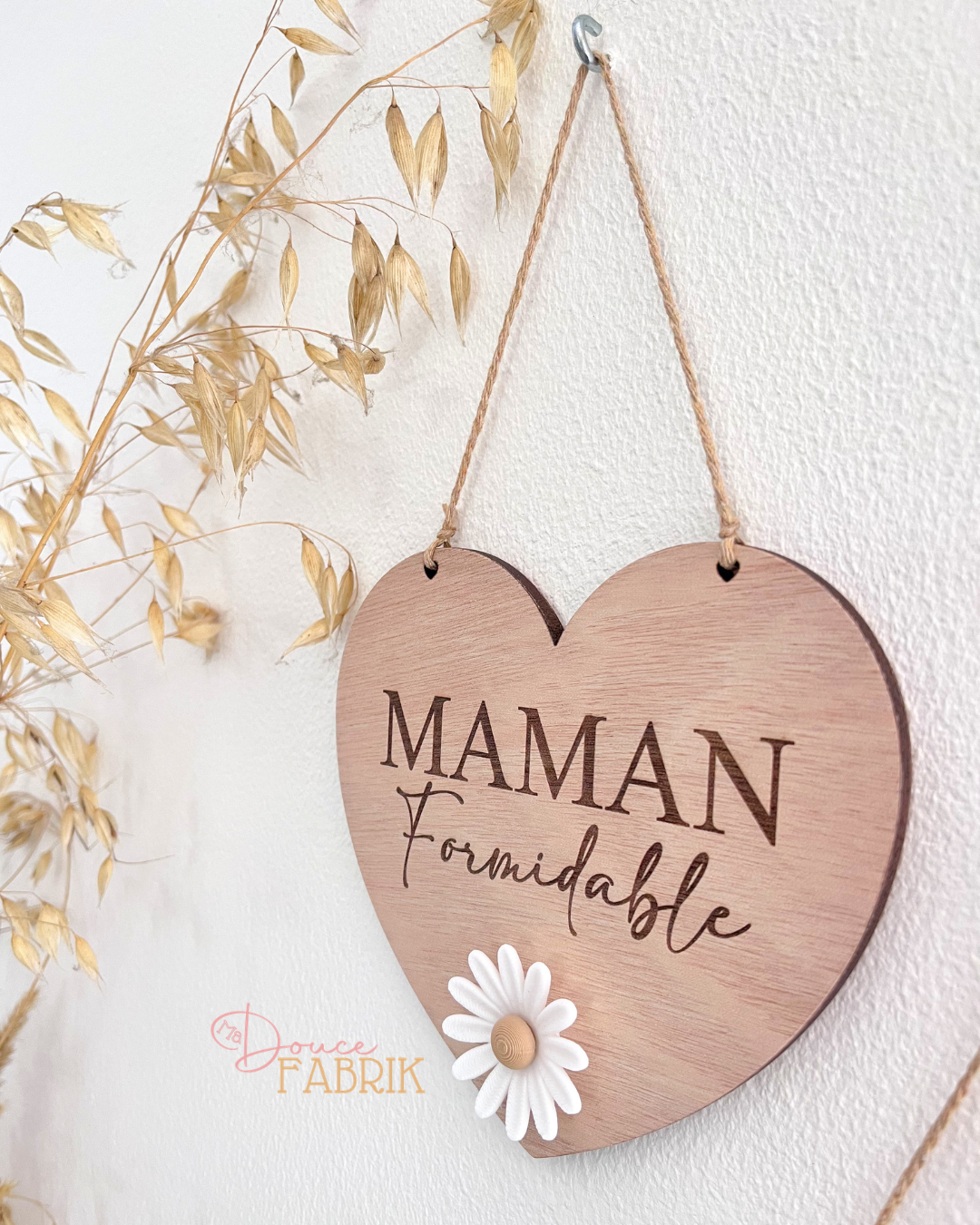 Cœur en bois gravé "Maman" avec fleur 3D – Image 2